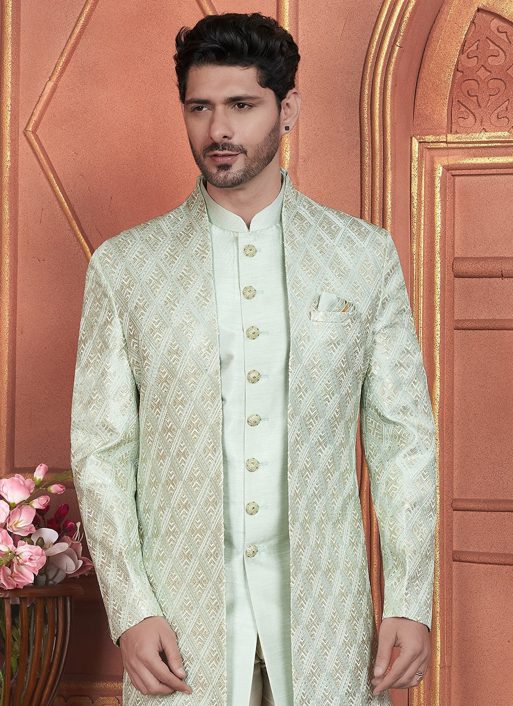 Embroidered Art Silk Green Indo Western - M7355