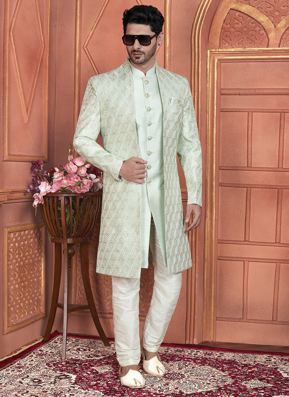 Embroidered Art Silk Green Indo Western - M7355