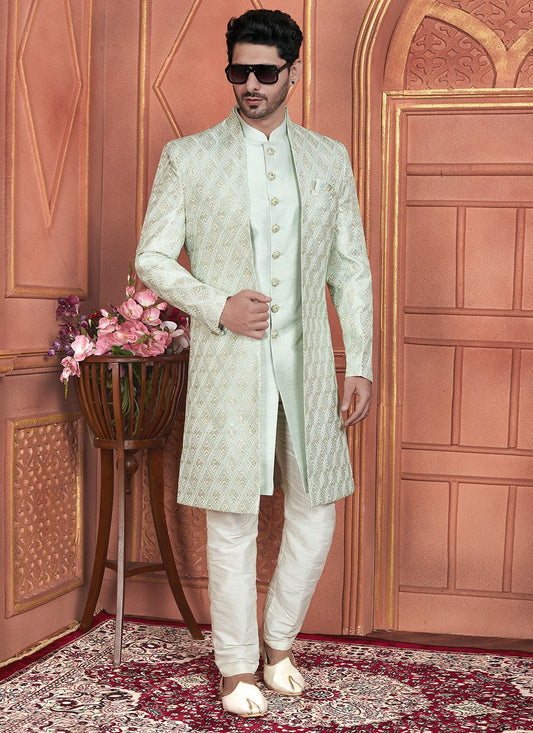 Embroidered Art Silk Green Indo Western - M7355