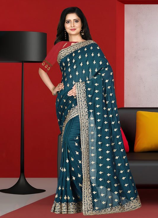 Hand Embroidery Art Silk Morpeach Saree S13757
