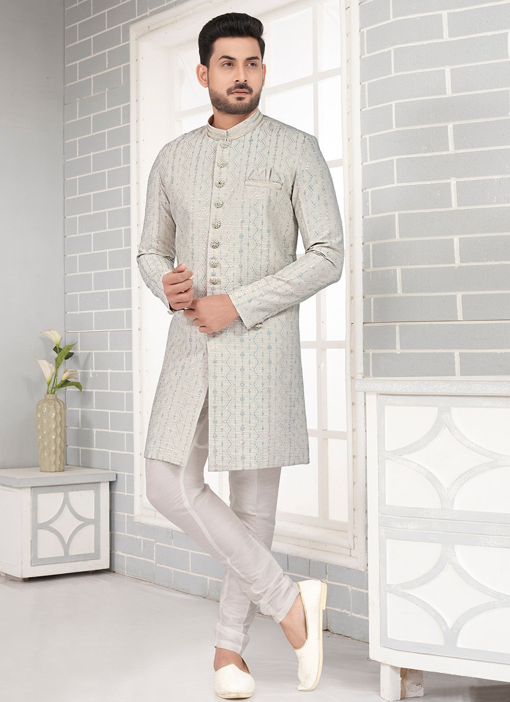 Embroidered Art Silk Grey Indo Western - M6455