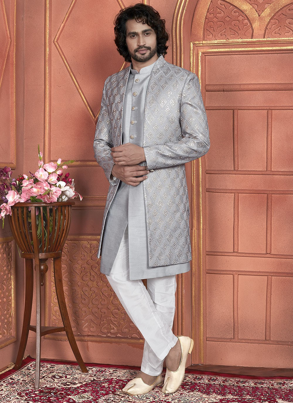 Embroidered Art Silk Grey Indo Western - M7353