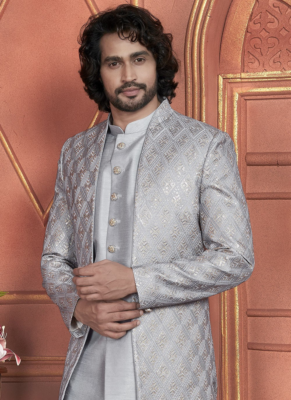 Embroidered Art Silk Grey Indo Western - M7353