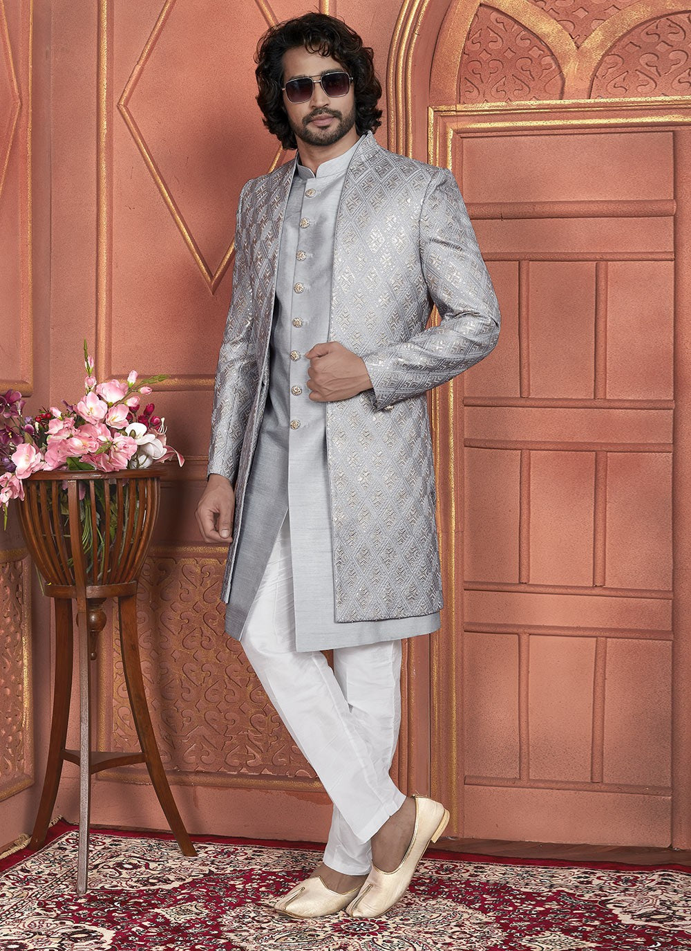 Embroidered Art Silk Grey Indo Western - M7353
