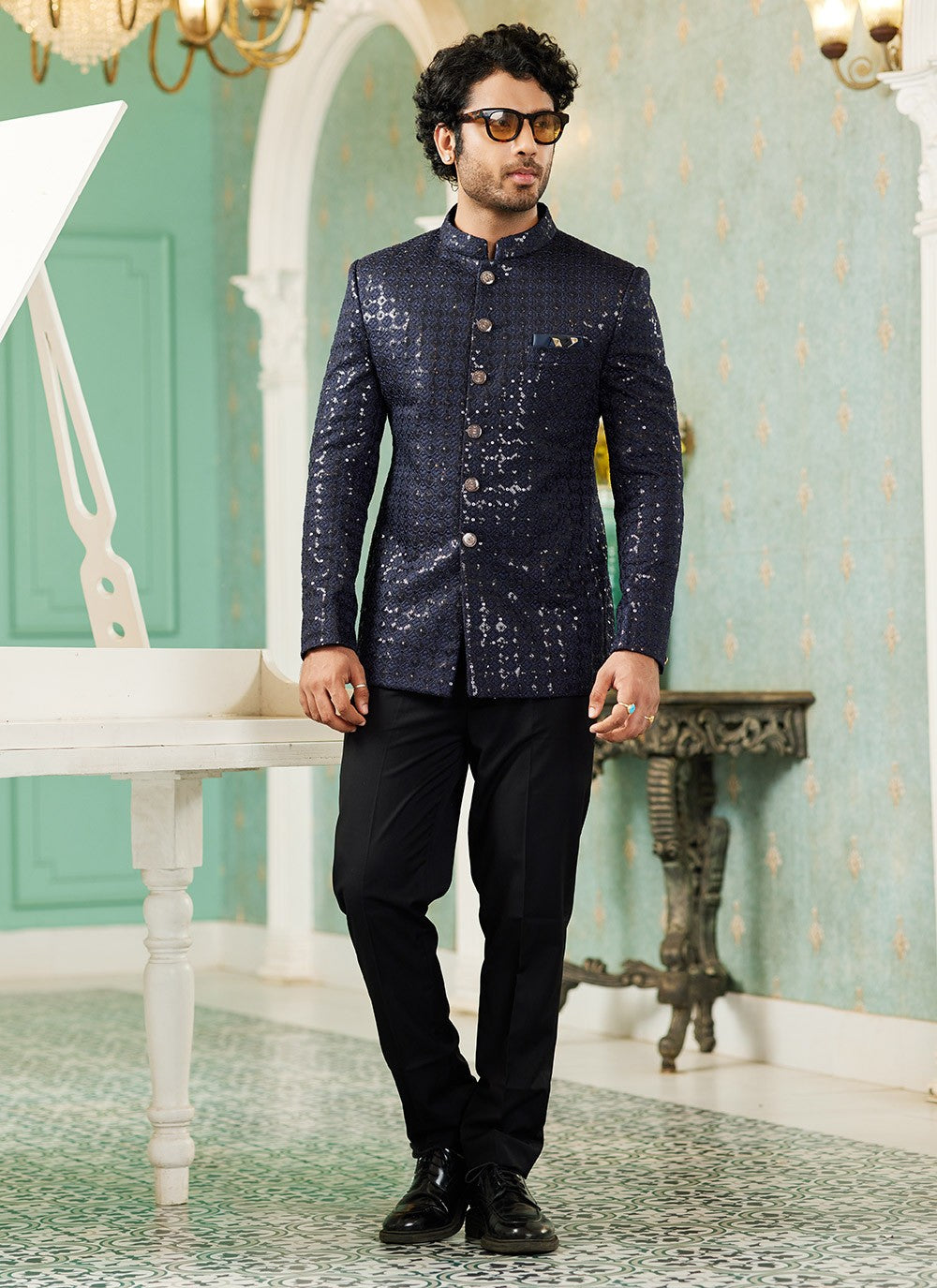 Machine Embroidery Art Silk Navy Blue Indo Western - M6436