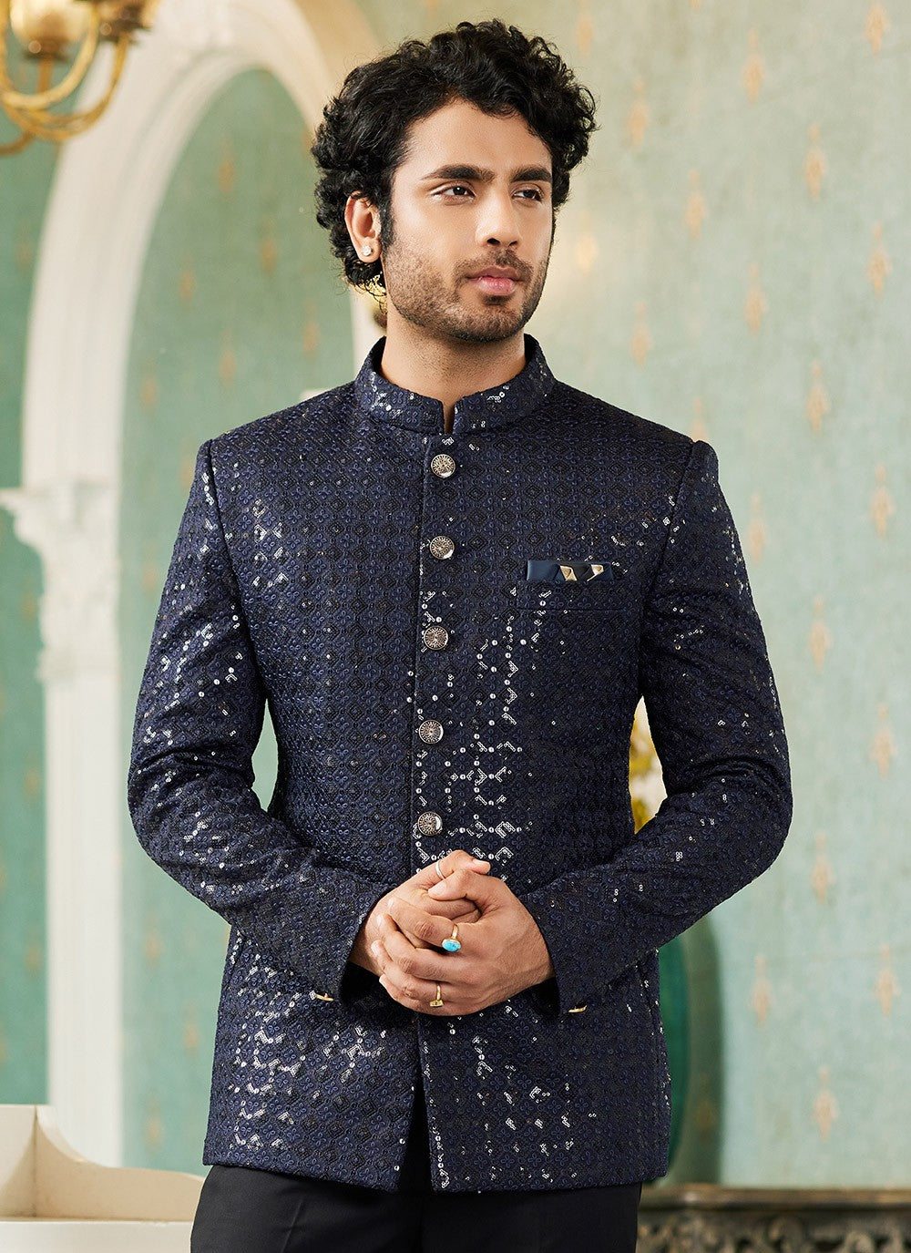 Machine Embroidery Art Silk Navy Blue Indo Western - M6436