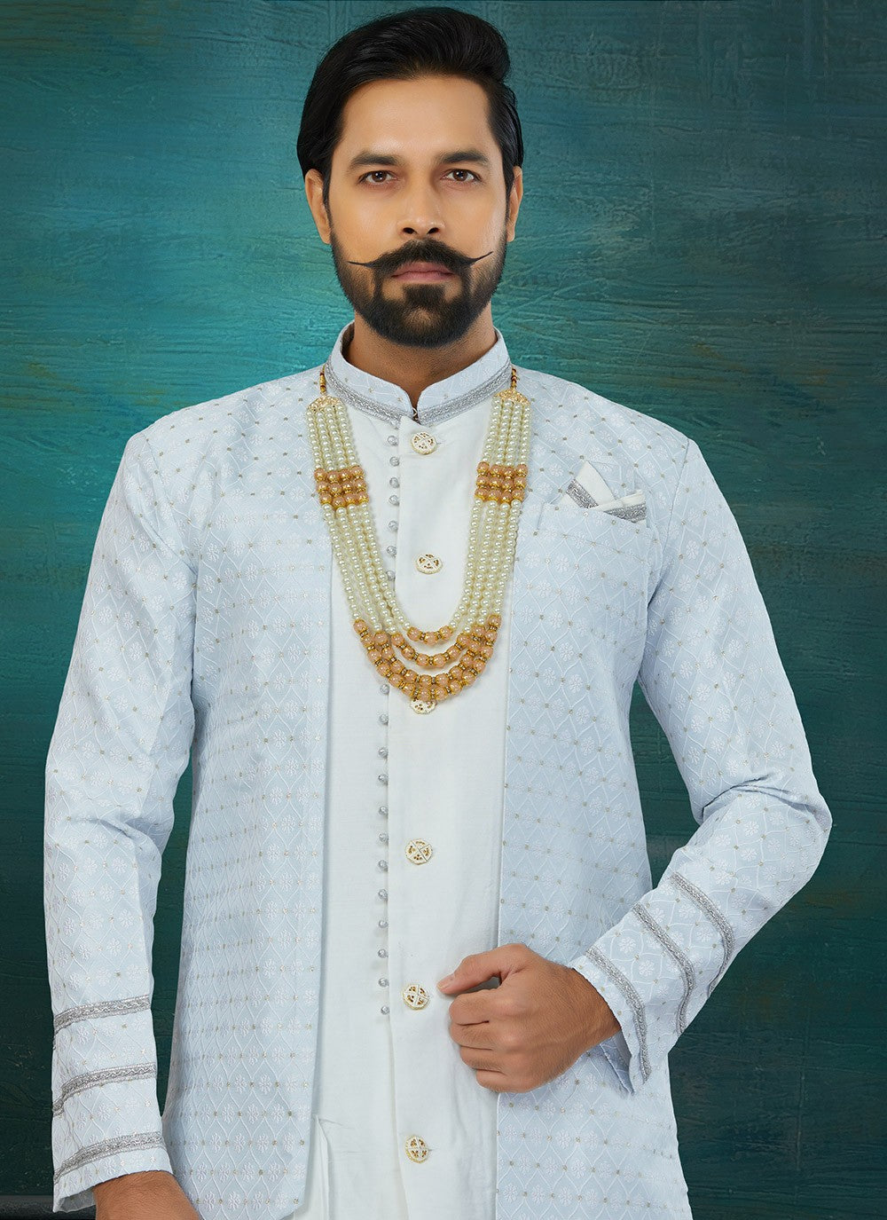 Embroidered Art Silk, Banarasi Jacquard Aqua Blue Indo Western Sherwani - M5816