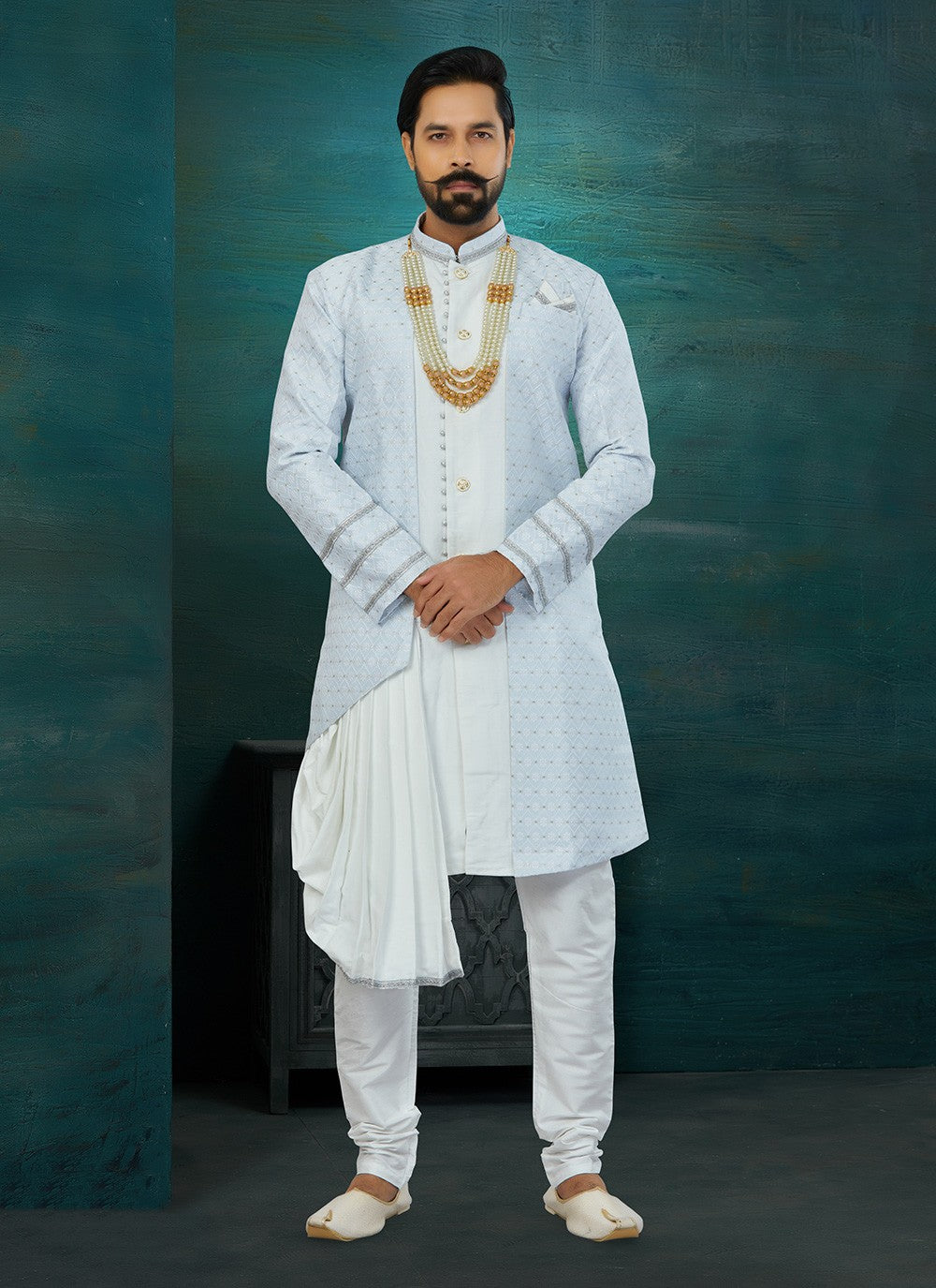 Embroidered Art Silk, Banarasi Jacquard Aqua Blue Indo Western Sherwani - M5816