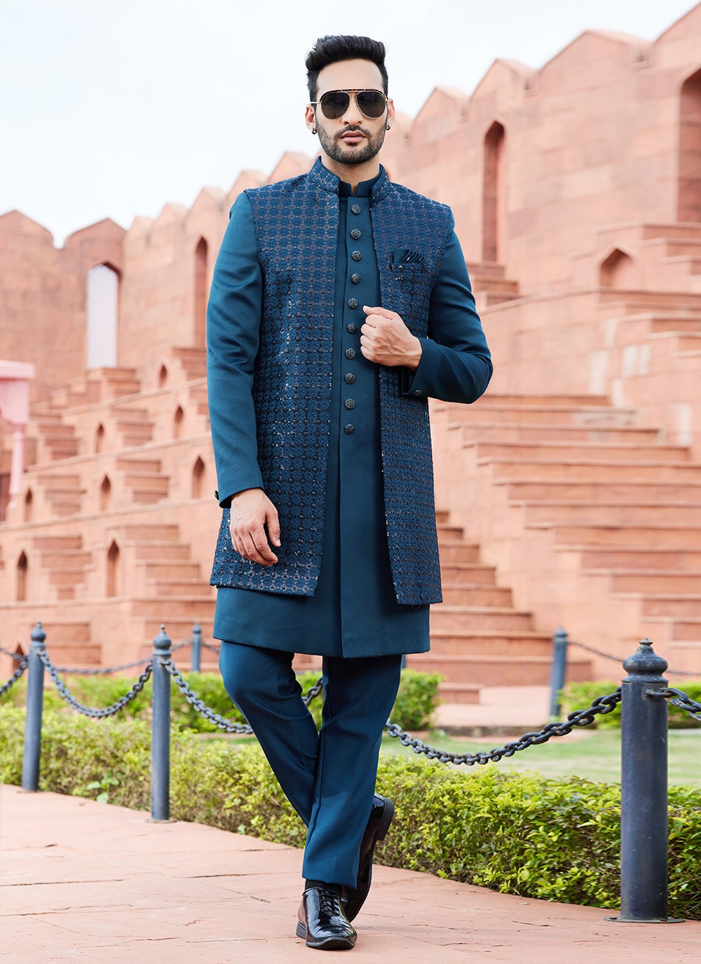 Fancy Work Art Silk Green, Teal Indo Western Sherwani - M6158