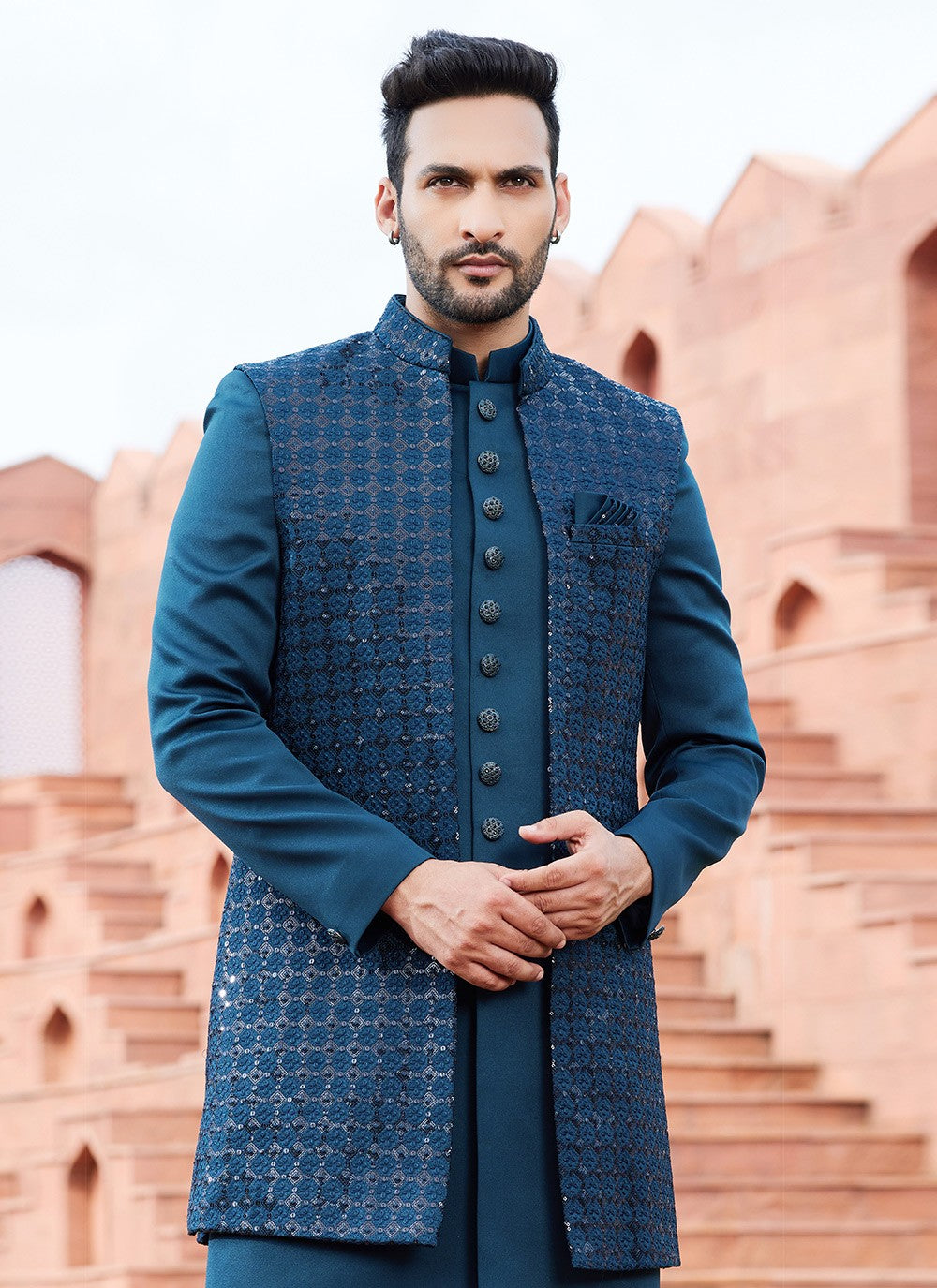 Fancy Work Art Silk Green, Teal Indo Western Sherwani - M6158