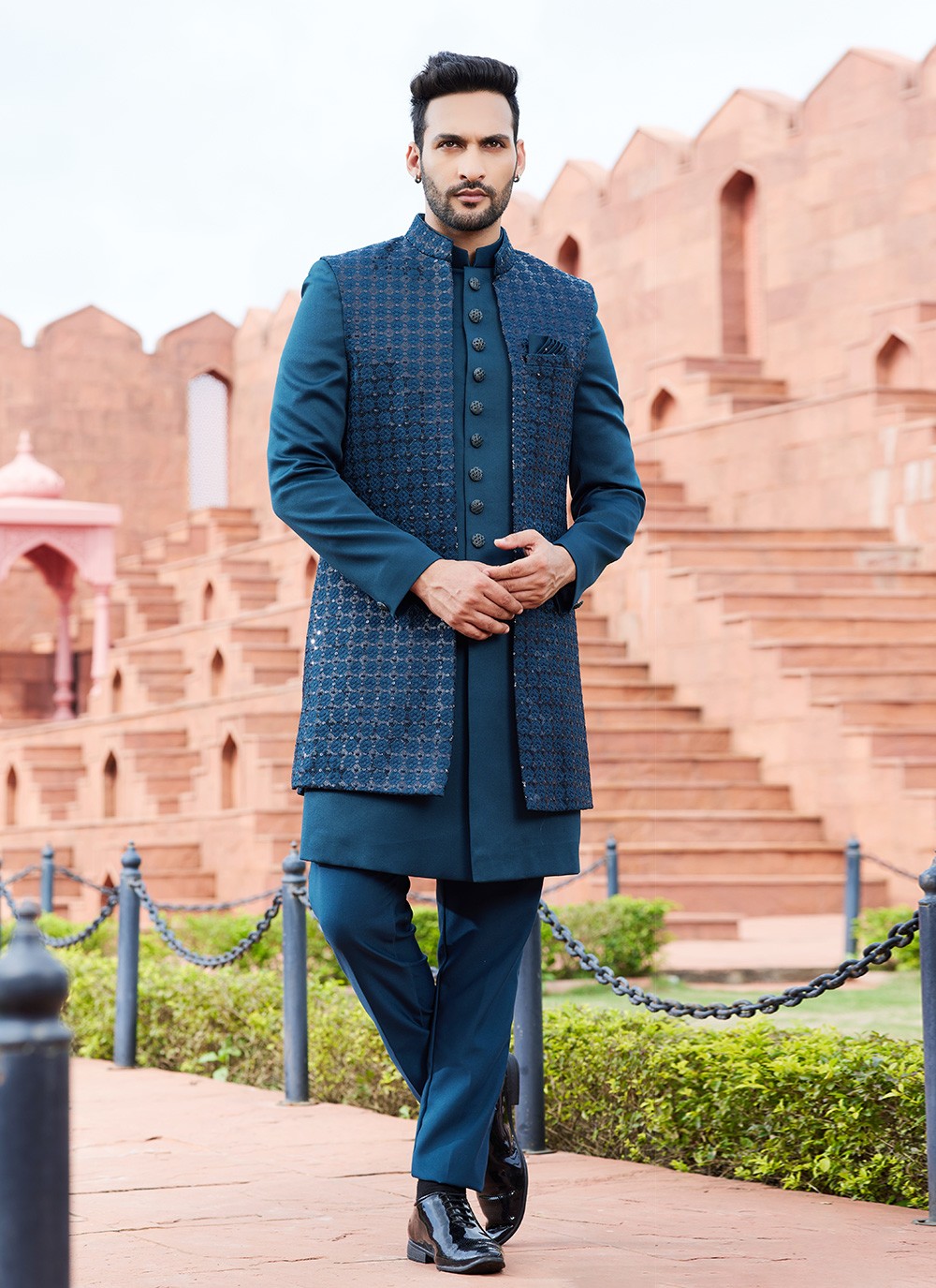 Fancy Work Art Silk Green, Teal Indo Western Sherwani - M6158