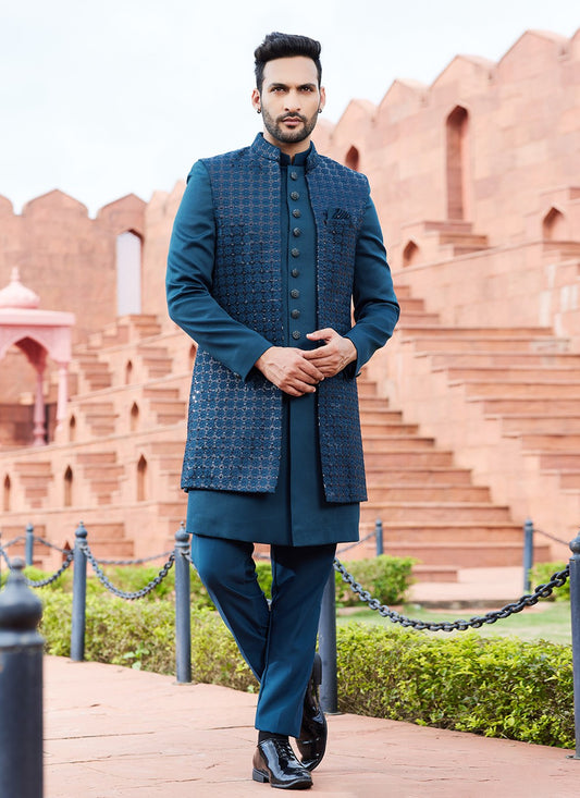 Fancy Work Art Silk Green, Teal Indo Western Sherwani - M6158