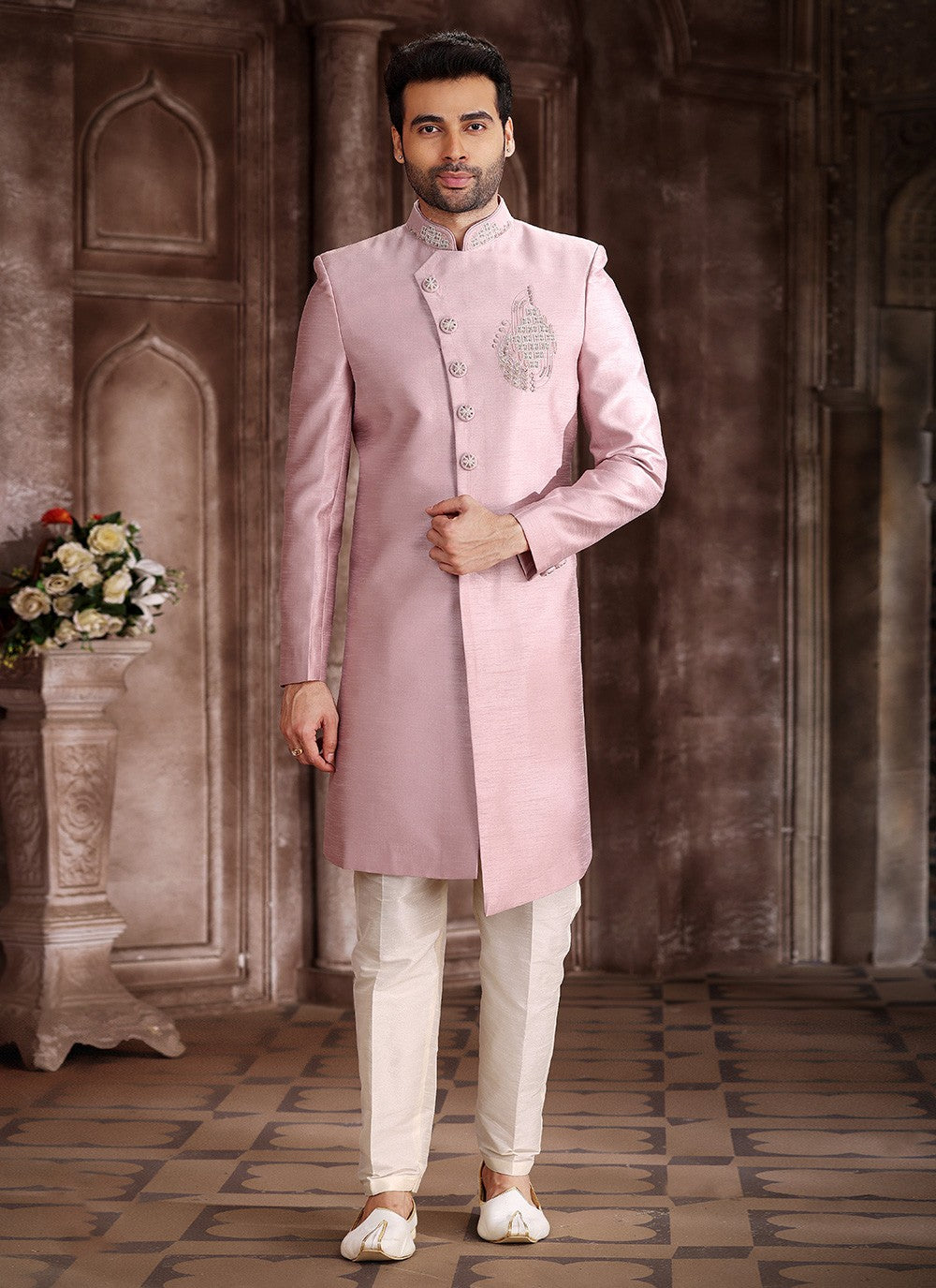 Embroidered Art Silk Pink Indo Western Sherwani - M5376