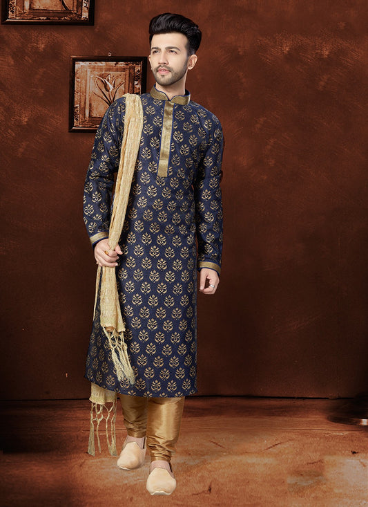Jacquard Work Art Silk Navy Blue Kurta - M5580