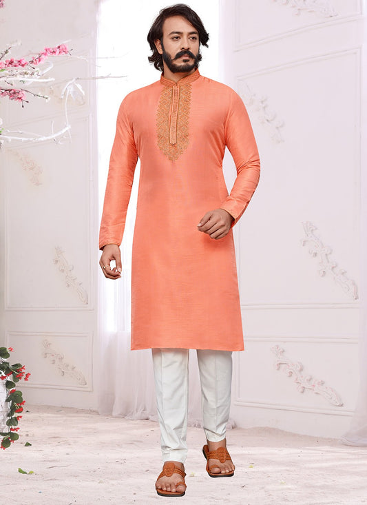 Embroidered Art Silk Peach Kurta Pyjama - M2019