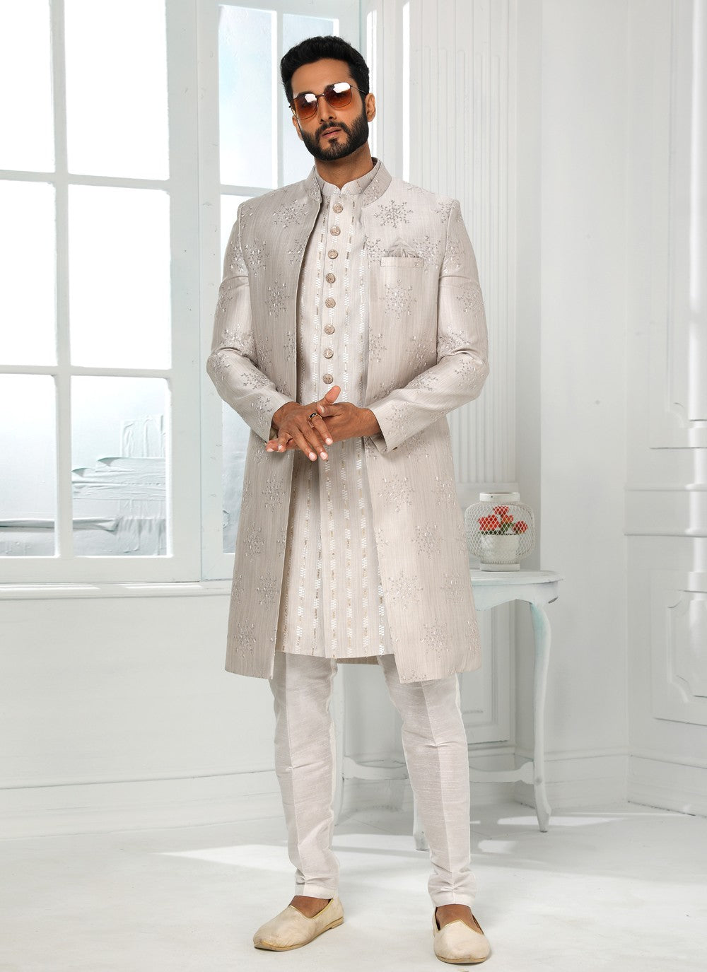 Machine Embroidery Art Silk Grey Indo Western - M4084