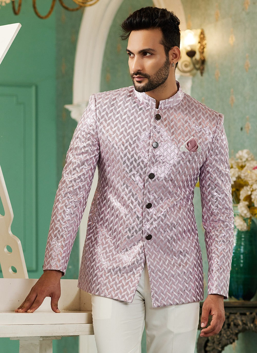 Machine Embroidery Art Silk Pink Indo Western - M6433