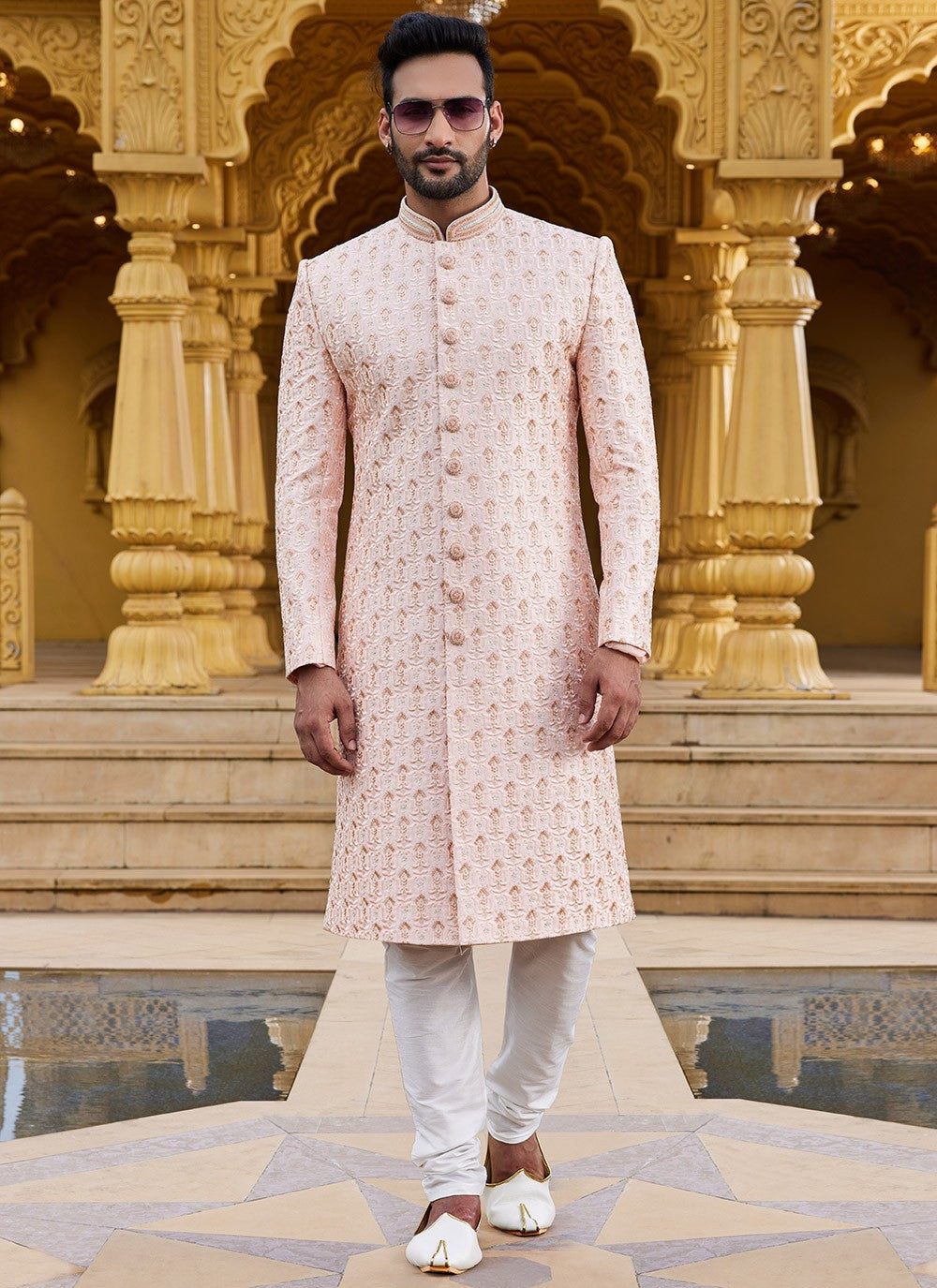 Machine Embroidery Art Silk Peach Sherwani - M6098