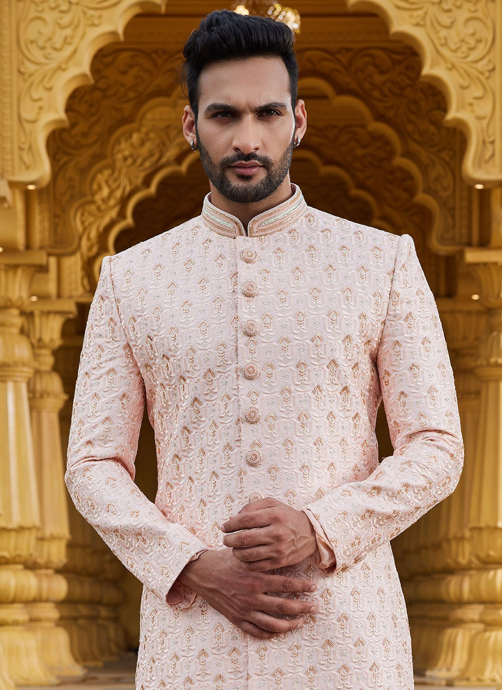 Machine Embroidery Art Silk Peach Sherwani - M6098