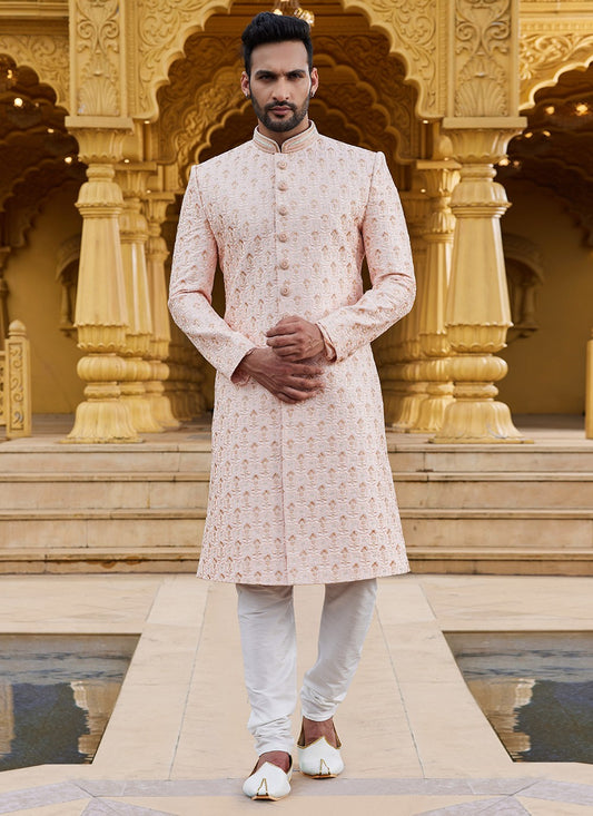 Machine Embroidery Art Silk Peach Sherwani - M6098