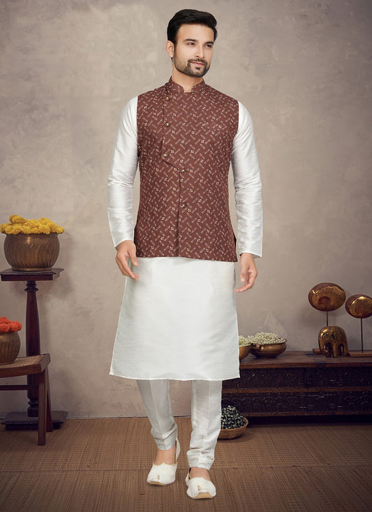 Digital Print Art Silk Maroon, Off White Kurta Payjama With Jacket - M5852
