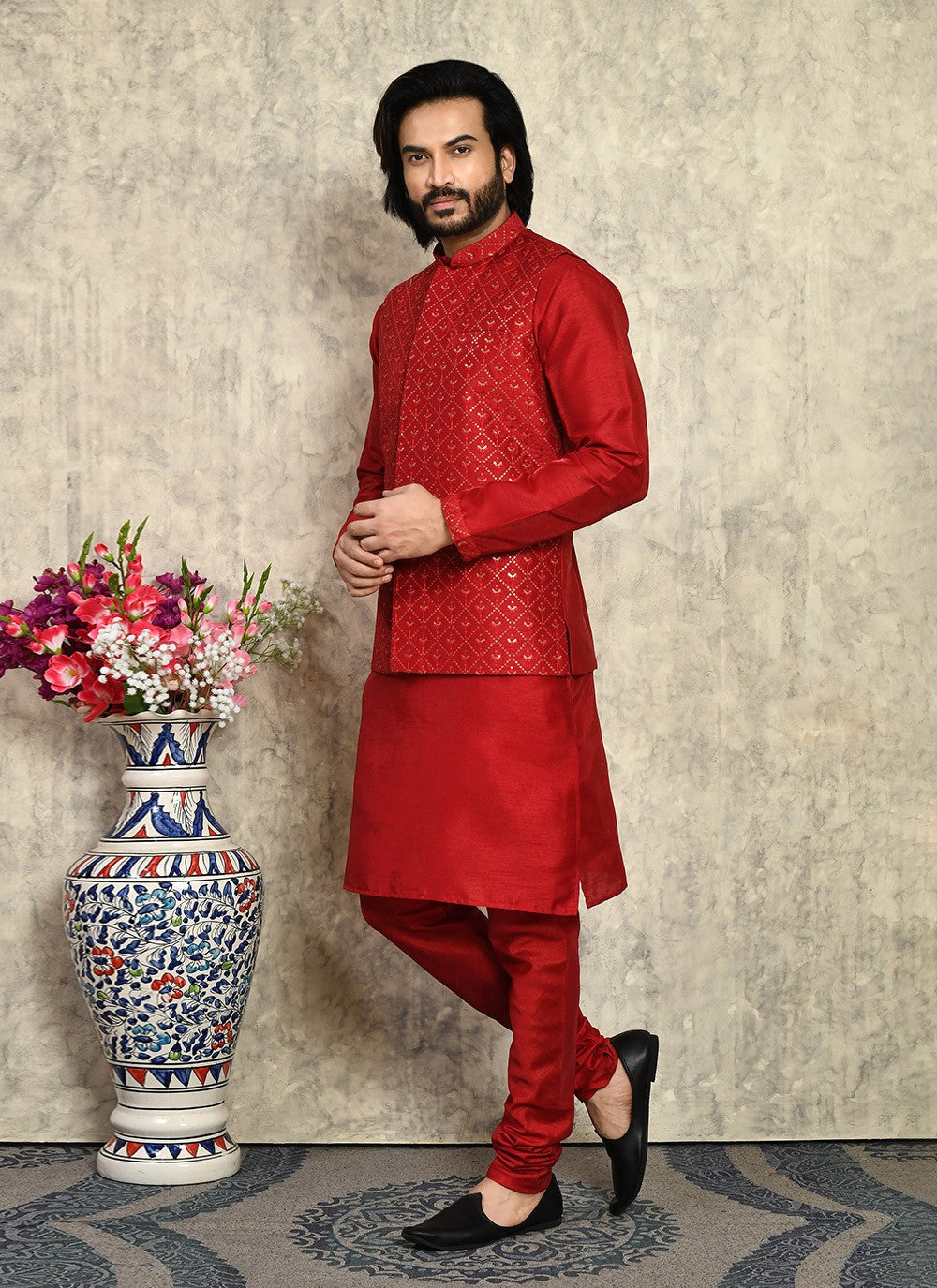 Embroidered Art Silk Maroon Kurta Payjama With Jacket - M8006
