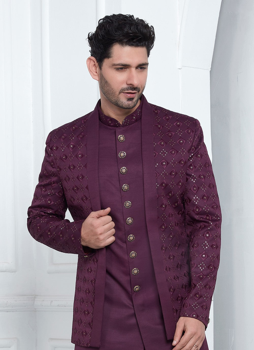 Machine Embroidery Art Silk Maroon Sherwani - M8253