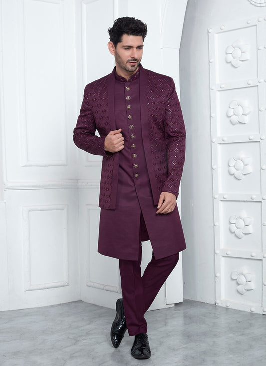 Machine Embroidery Art Silk Maroon Sherwani - M8253