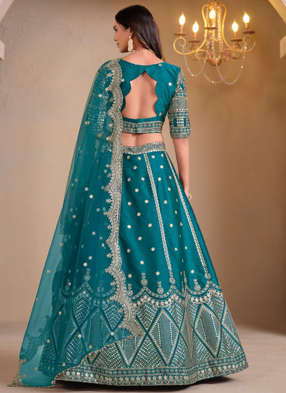 Embroidered Art Silk Sea Green Lehenga Choli L3497