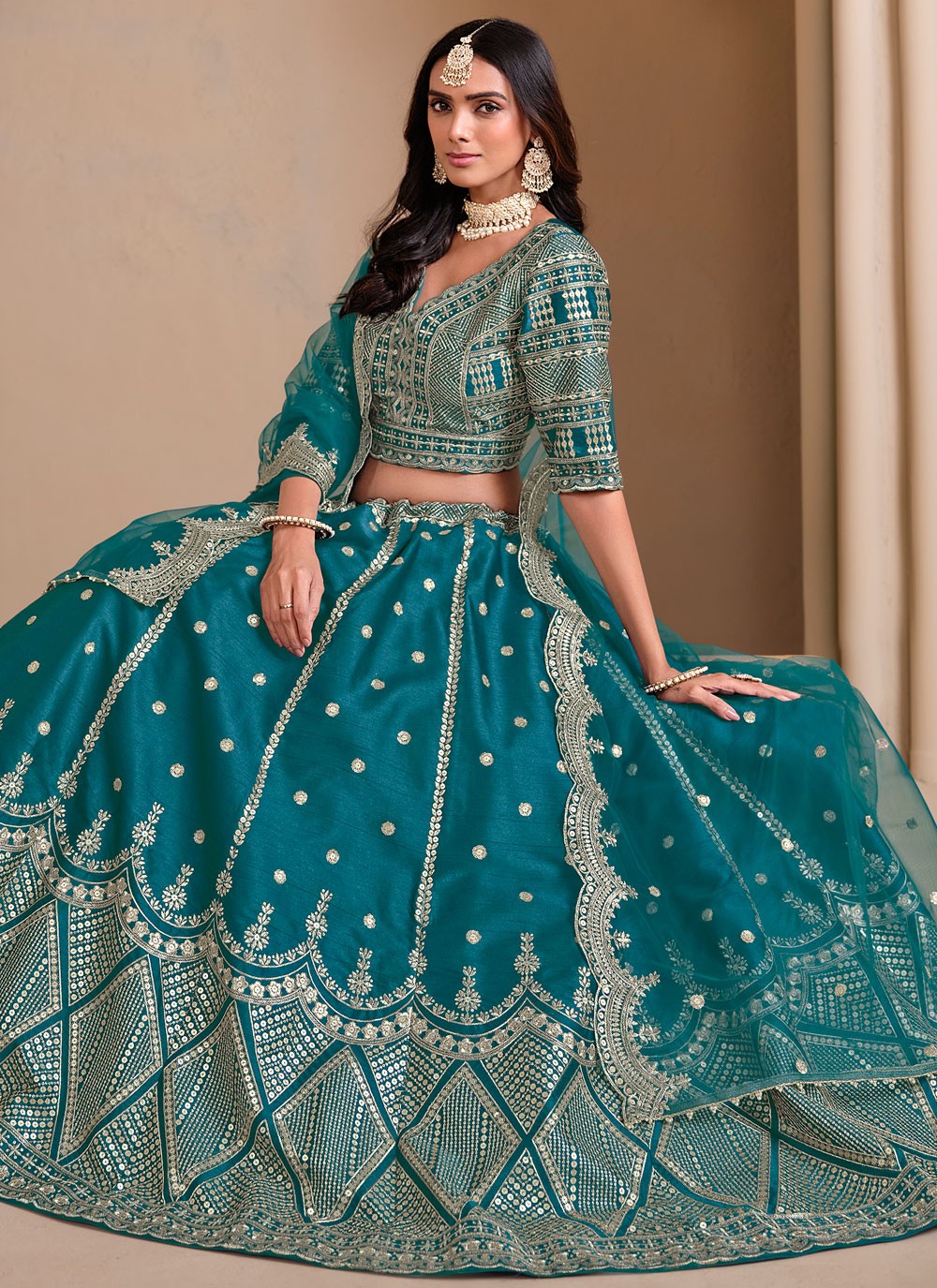 Embroidered Art Silk Sea Green Lehenga Choli L3497