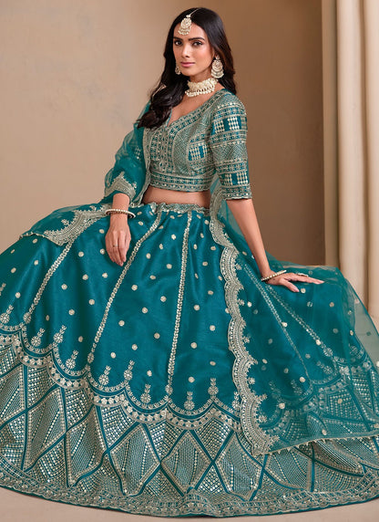 Embroidered Art Silk Sea Green Lehenga Choli L3497
