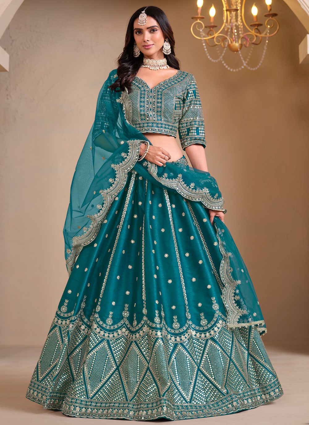 Embroidered Art Silk Sea Green Lehenga Choli L3497