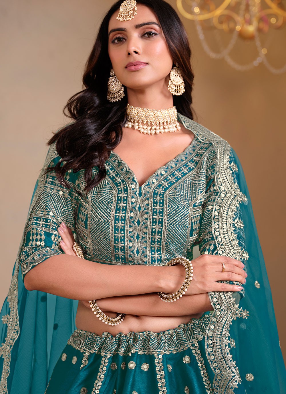 Embroidered Art Silk Sea Green Lehenga Choli L3497