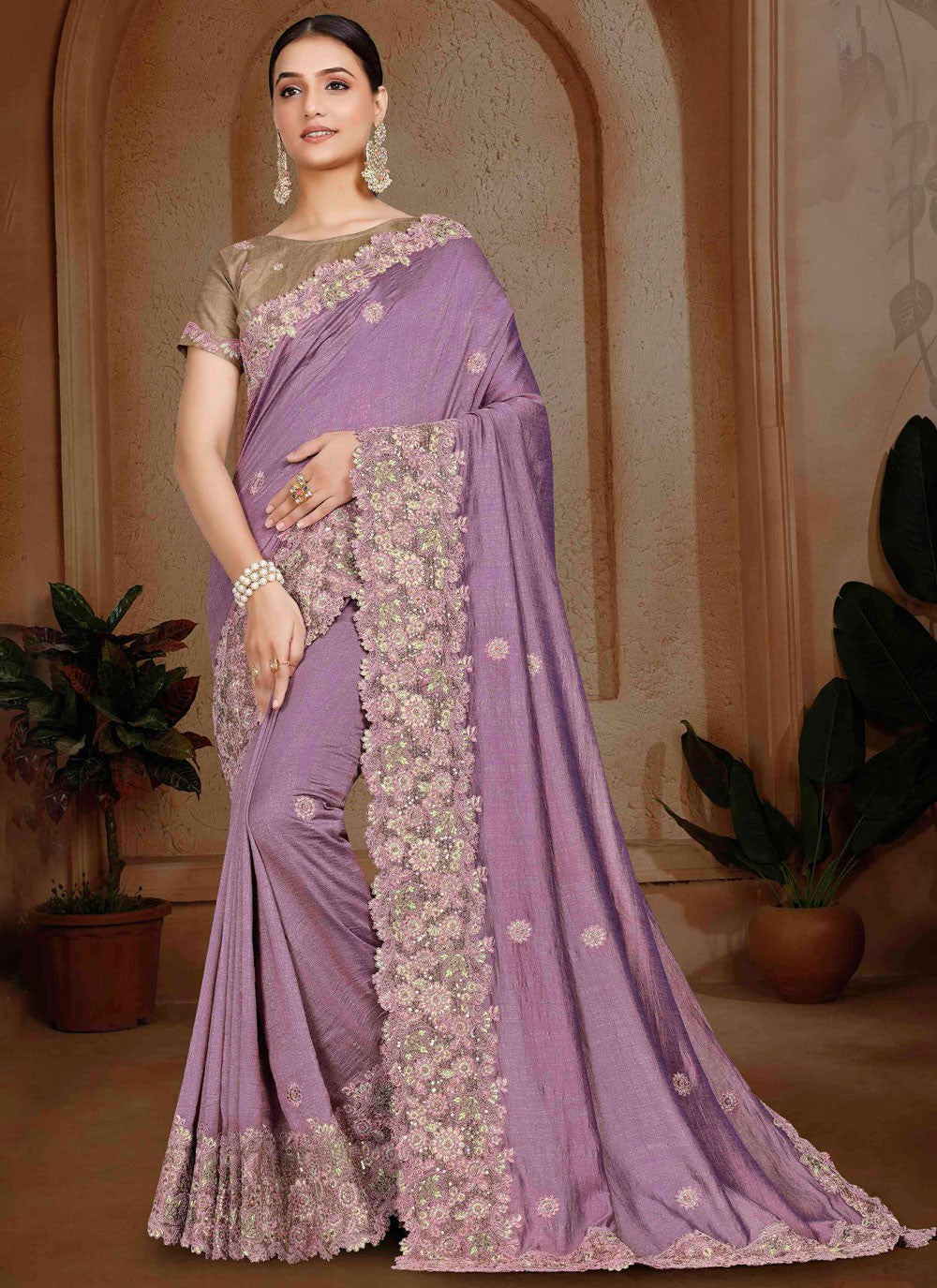 Border Work, Cut Work, Embroidered, Moti, Stones Art Silk Saree - S12121