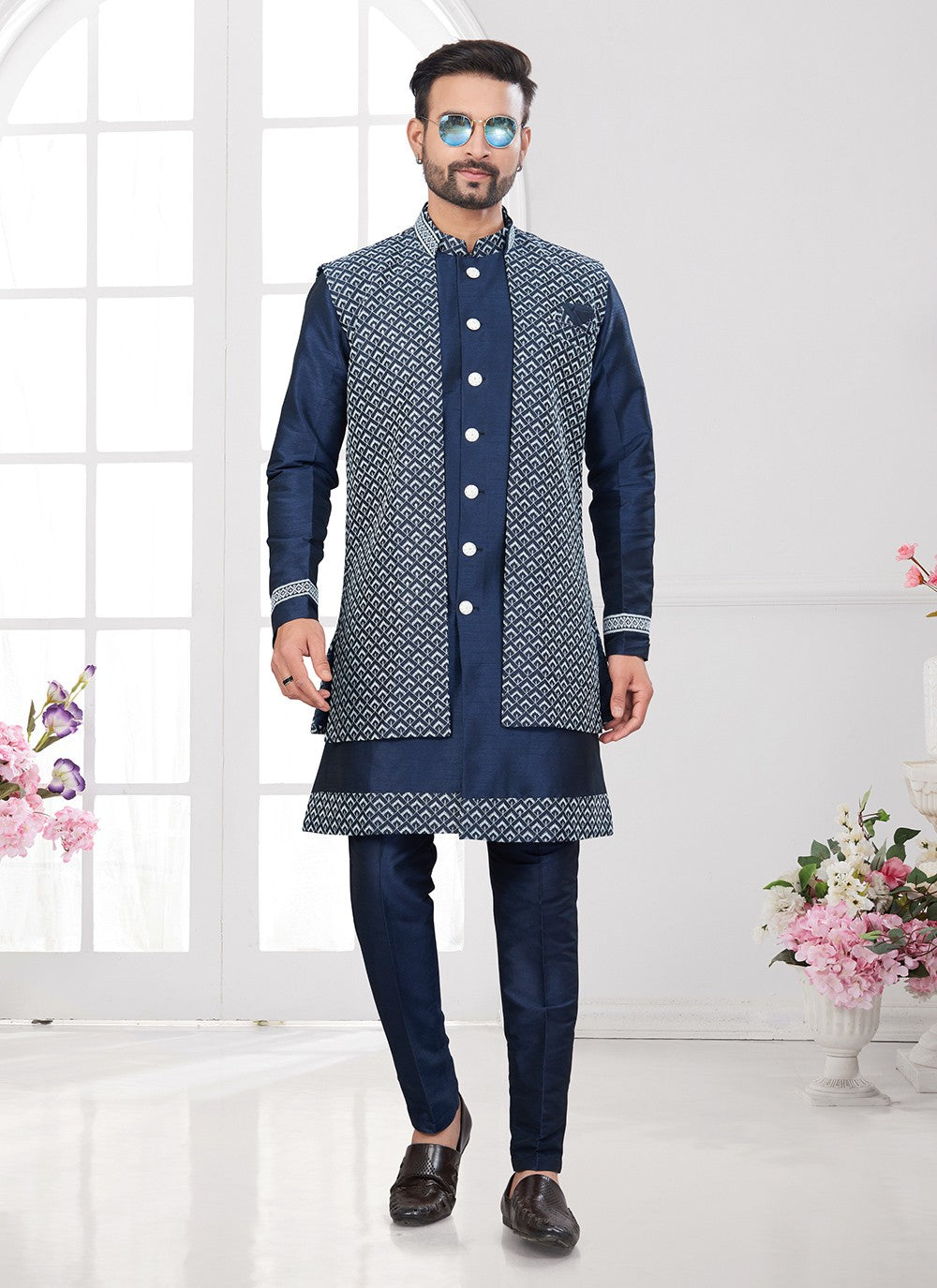 Embroidered Art Silk Navy Blue Indo Western Sherwani - M8599
