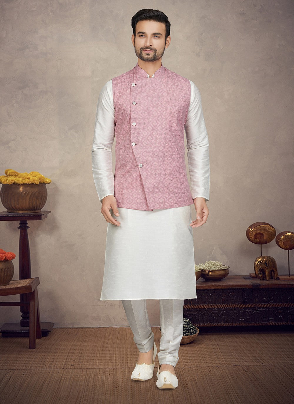 Digital Print Art Silk Off White, Pink Kurta Payjama With Jacket - M5848