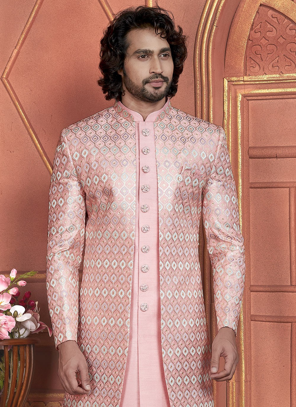 Embroidered Art Silk Pink Indo Western - M7352