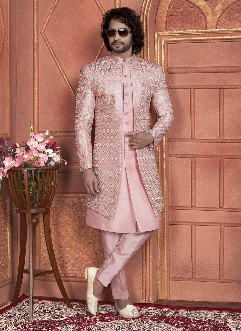 Embroidered Art Silk Pink Indo Western - M7352