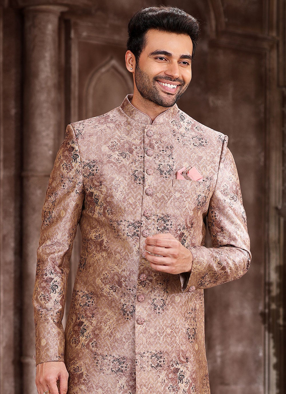 Printed Art Silk Peach Indo Western - M5296