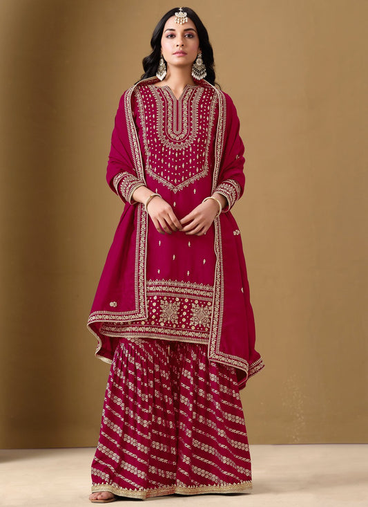 Embroidered Art Silk Hot Pink Salwar Suit T6135