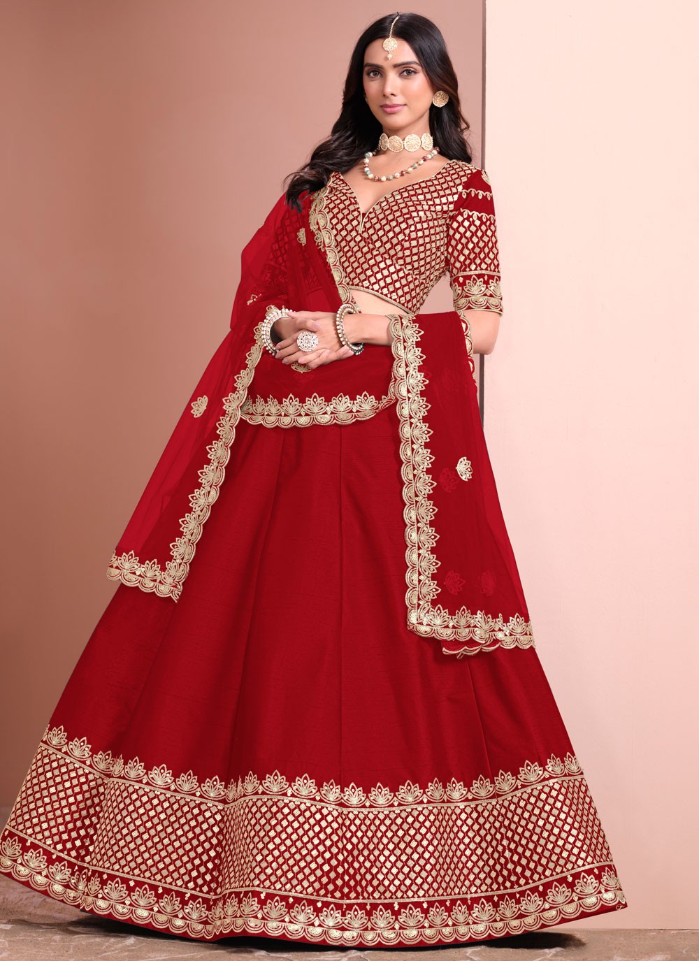 Aari Work Art Silk Red Lehenga - L3399