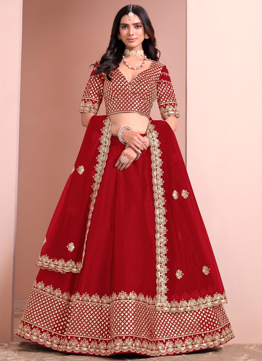 Aari Work Art Silk Red Lehenga - L3399