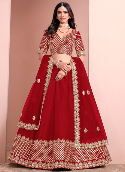 Aari Work Art Silk Red Lehenga - L3399