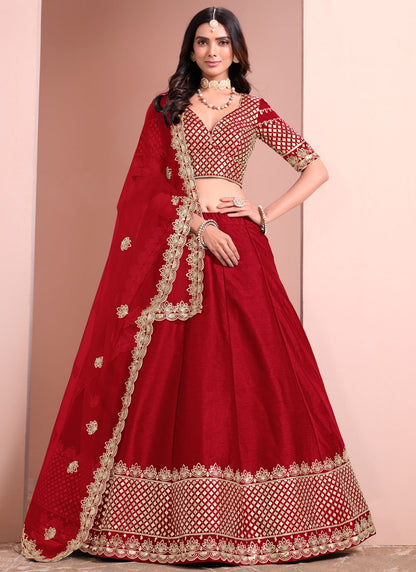 Aari Work Art Silk Red Lehenga - L3399