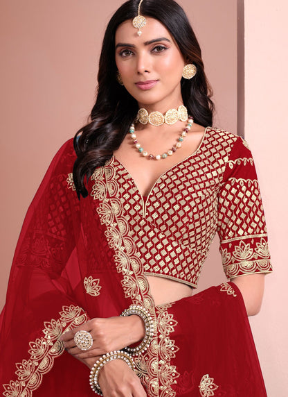 Aari Work Art Silk Red Lehenga - L3399