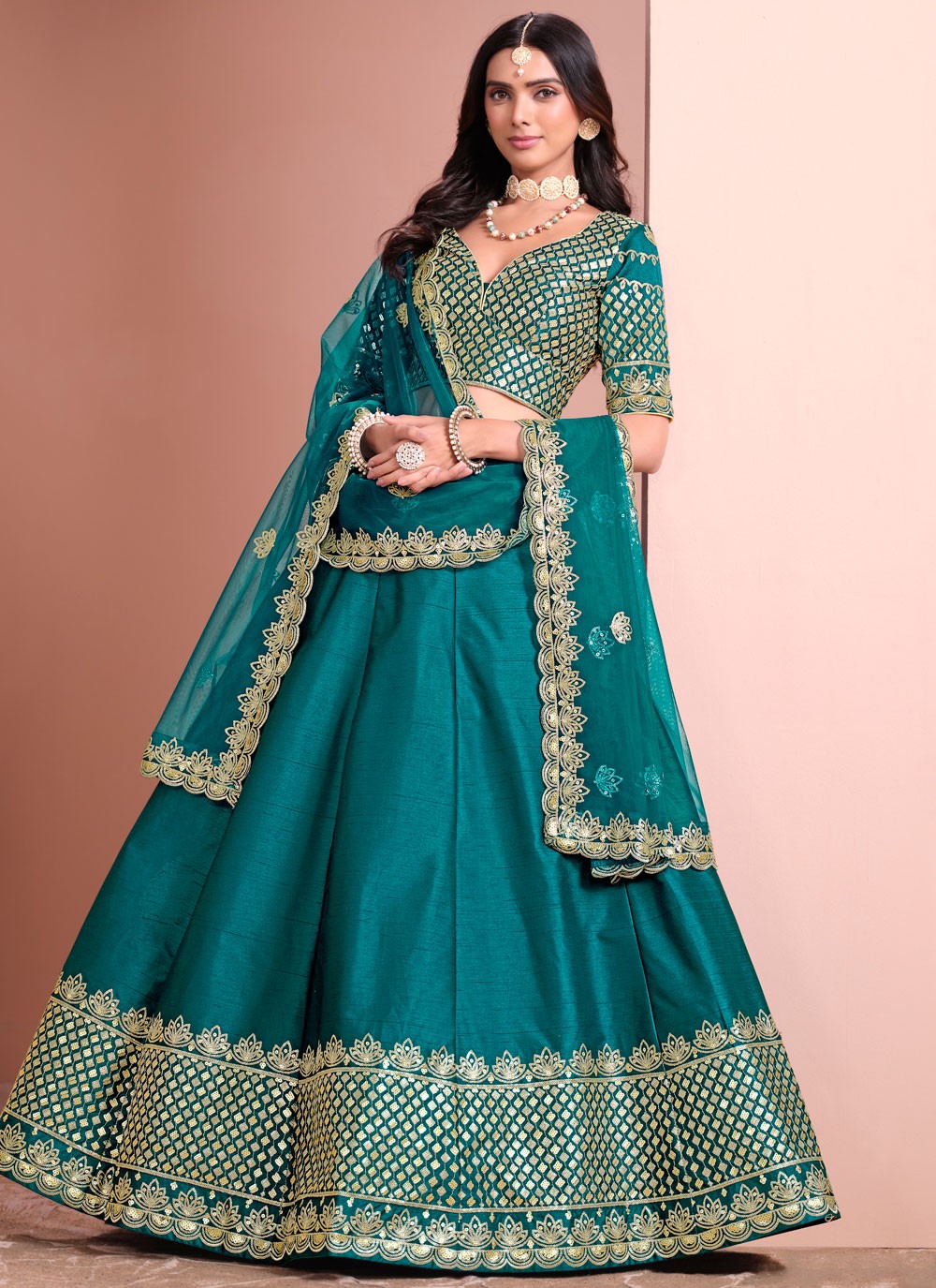 Embroidered Art Silk Morpeach Lehenga - L3396