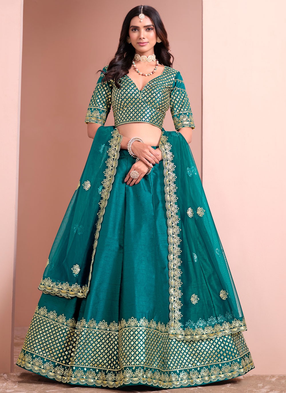 Embroidered Art Silk Morpeach Lehenga - L3396
