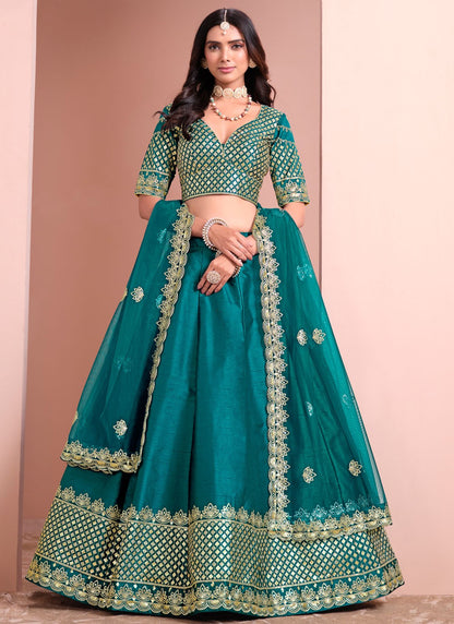 Embroidered Art Silk Morpeach Lehenga - L3396