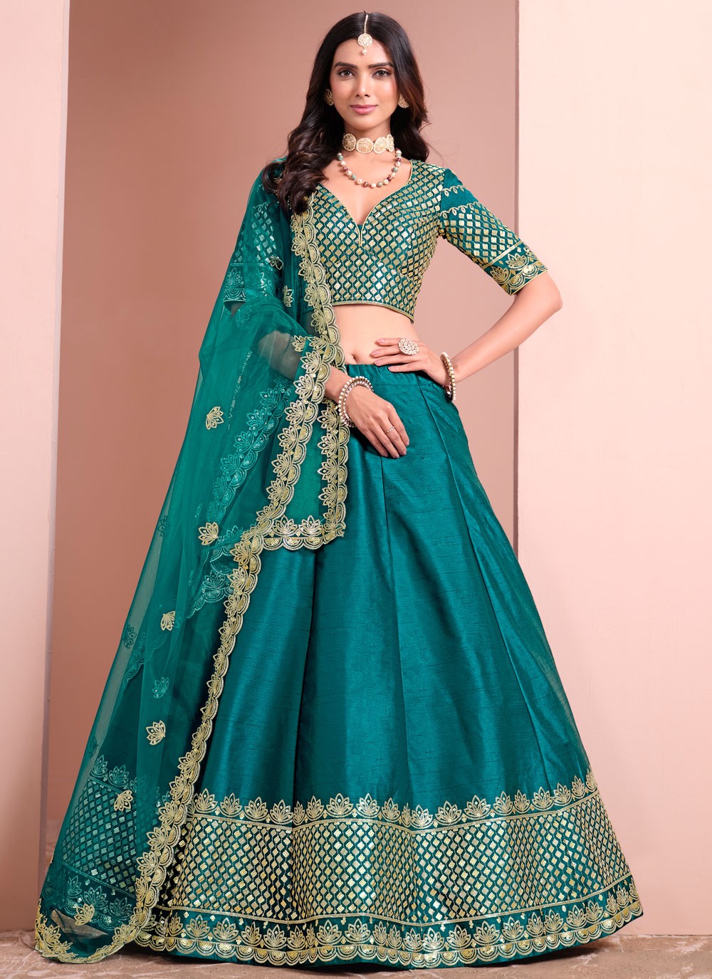 Embroidered Art Silk Morpeach Lehenga - L3396