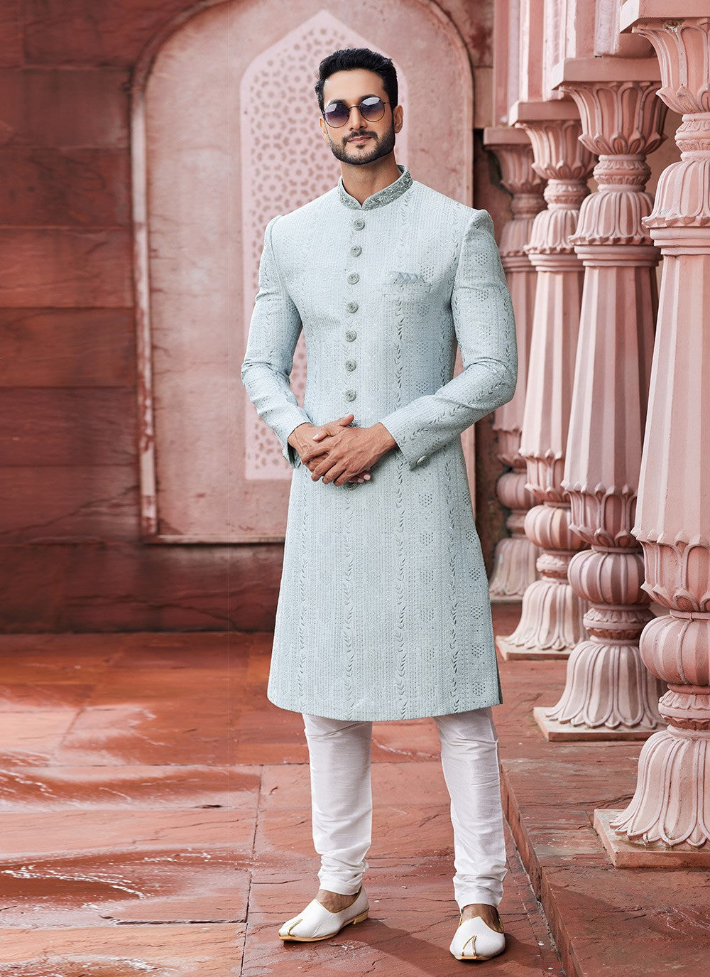 Hand Embroidery Art Silk Aqua Blue Sherwani - M6138